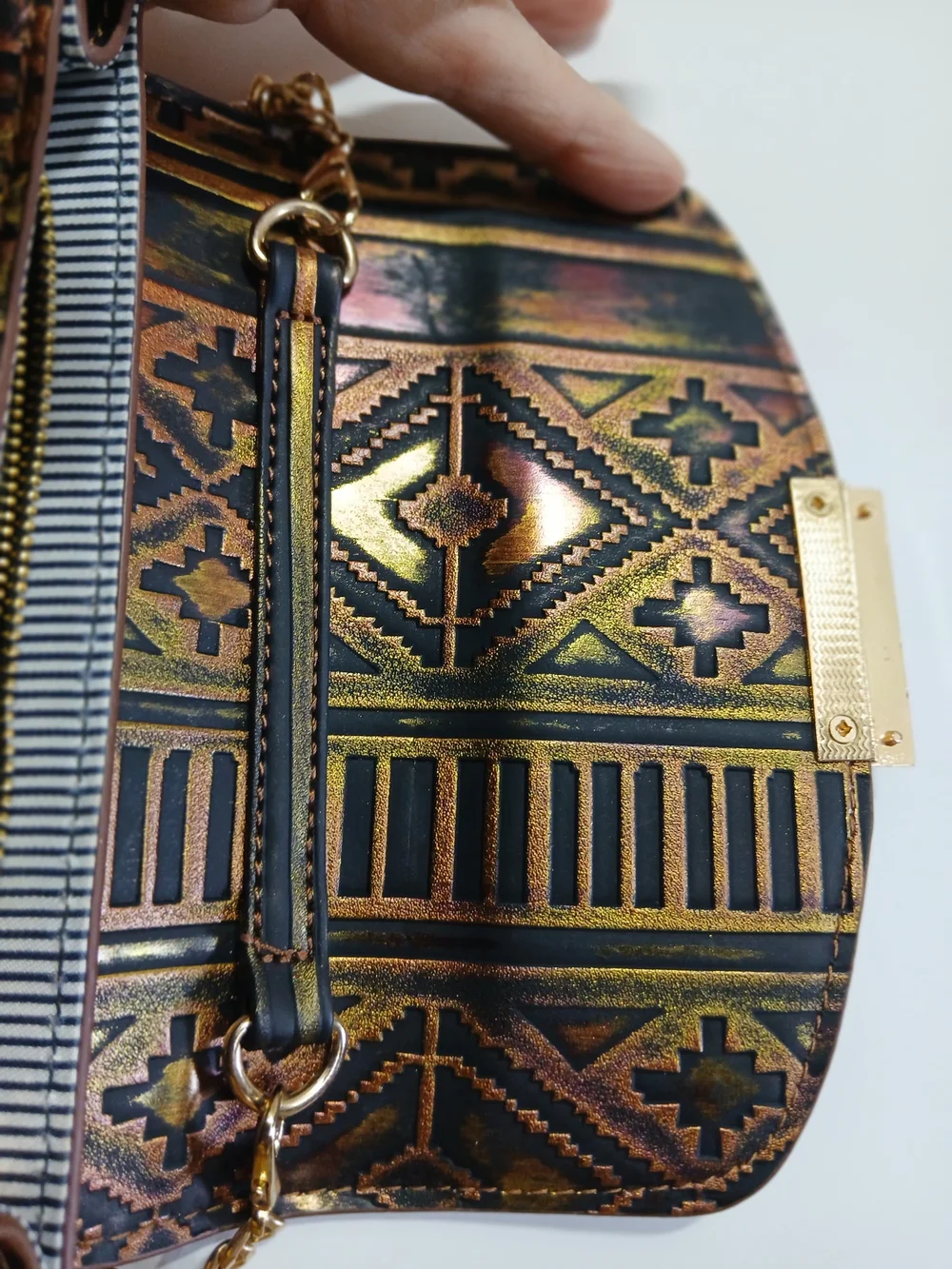 MMS Design Studio Brown and Gold Patterned Chain Crossbody Bag